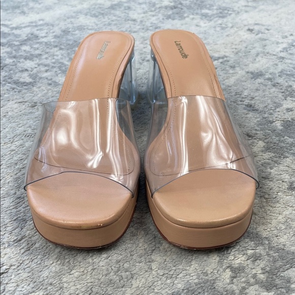 Larroude Jenn Lucite Heeled Mules Nude Beige Clear Sandals Cinderella Sz 10 - Picture 5 of 15